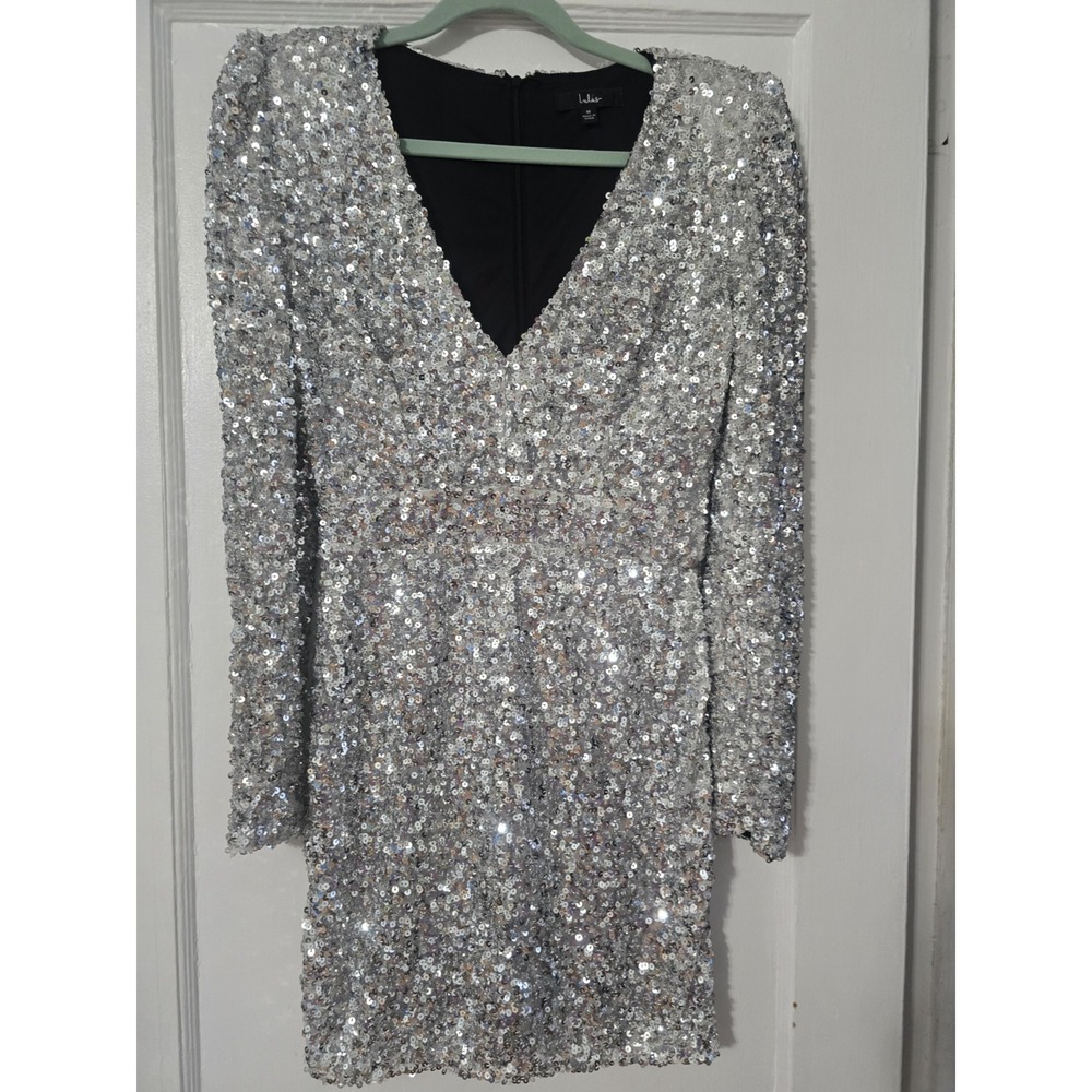 Lulus Women's Silver Sequin V-Neck Long Sleeve Mini Dress Size Medium